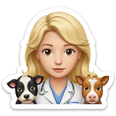 Joven mujer, de cabello bajo los hombros rubio con ondas, veterinaria de perros, vacas y caballos sticker