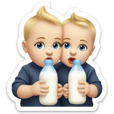 Two fat blue eyed baby twins drinking milk and doing duck lips sticker