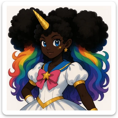 Change the character's skin to a deep black tone and give her fluffy, voluminous hair while keeping the rainbow hair, gold unicorn horn, blue eyes, and star freckles. Maintain the original style and details. sticker
