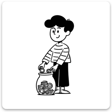 Person happily putting coins in savings jar sticker