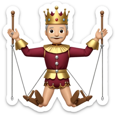 3D render of Puppet King as a wooden marionette puppet, Wooden crown, strings attached to hands, silver metal screw joints at elbows and knees, polished brown wood texture, rigid toy pose, Apple emoji style, isolated on white background --v 6.0. sticker