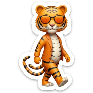friendly anthropomorphised tiger in casual clothing, wearing dark sunglasses, walking upright in relaxed pose sticker