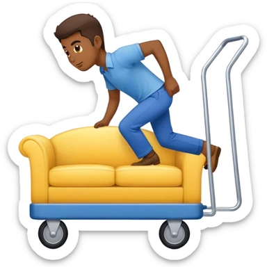 man in blue pants and yellow shirt moving a sofa on trolly sticker