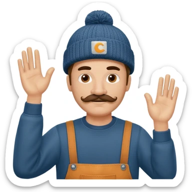 Woodworker thick mustache knit cap Carharttk shirt hand raised above head sticker