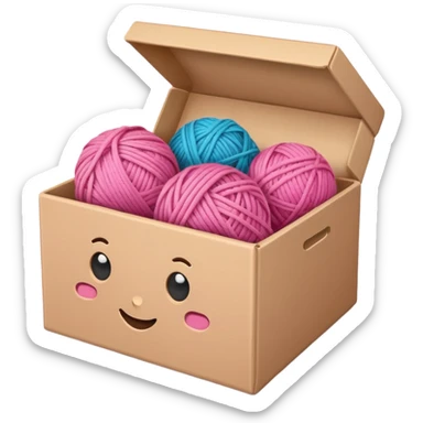 paper box with toys, ball of yarn, pink sticker
