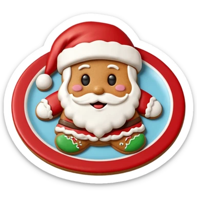 “A cute Christmas-themed Santa cookie, decorated with red and white icing, smiling face, sitting on a small plate, cartoon-style, vibrant colors, festive and cozy mood” sticker