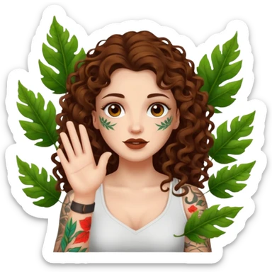 woman with long curly brown hair, brown eyes, white skin, tattoos, sarcastic slow clap made of glowing leaves sticker