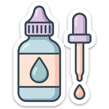 eye drops with separate pipette, vector look with shadows and highlights, detailed shading, thin clean outlines, soft rounded features, pastel palette #98B5BC #B5B3C1 #C9A3C9 #E4C0CA #F7DCD1 #F7C0AA, Japanese pop art, sticker look, highly detailed, transparent background sticker