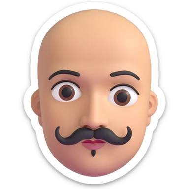 Bald man with smooth oval head, indigenous facial features, 37 years old, with only a mustache and thin beard connecting chin to lips, memoji style sticker