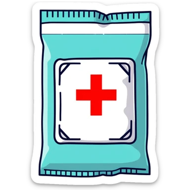 Discreet intimate health packet with red cross symbol and heart icon, sealed medical packet sticker