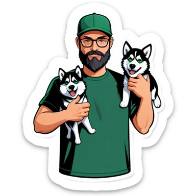 A bold man with a grey baseball cap, green eyes, big beard and glasses holding a husky dog sticker