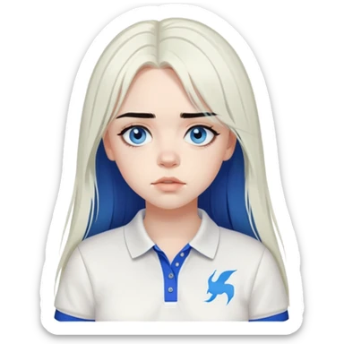 billie eilish long black hair blue eyes dark eyeliner makeup, wearing white polo shirt sticker