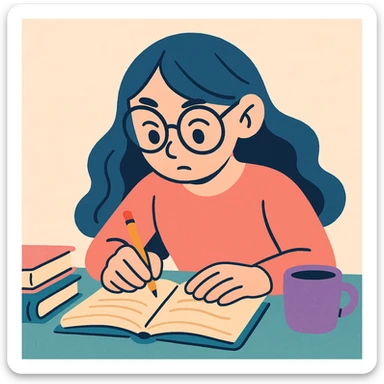 a studious girl with long hair and glasses, working intently, soft pastel illustration style sticker