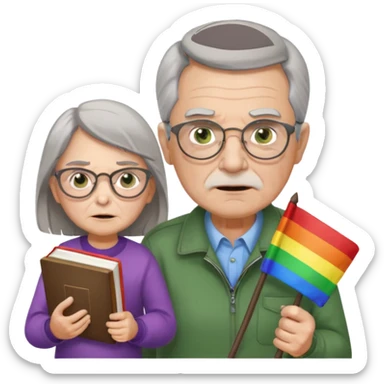 make old old man like 80 with gray hair and fur has HUGE EYE brows and glasses and is always mad and gay holding the rainbow flag and walking a young girl about 1 with brown hair and green eyes with a moth book with the other hand sticker