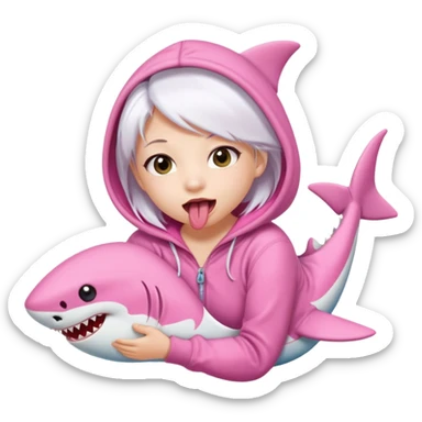 cute girl with white hair in a pink shark onesie, sticking out her tongue playfully sticker