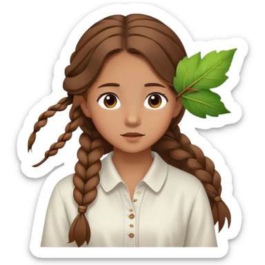  A girl with a long braid, a brown hairpin shaped like a leaf, and a white blouse, breathing in the spring air. sticker