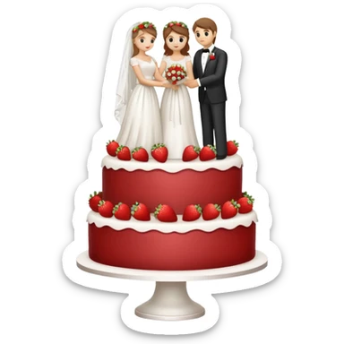 white wedding cake with strawberries, elegant floral decorations, bride and groom cake topper sticker