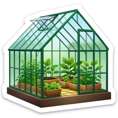 A 3D cartoon greenhouse filled with green plants and sunlight streaming through glass panels, earthy floor, bright natural light, Memoji-style texture and depth. sticker
