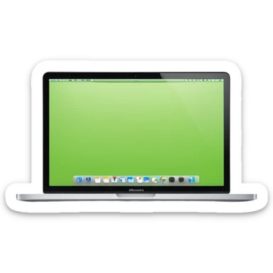A macbook laptop front facing with its screen showing lime green screen with white paper overlapping outside the monitor . sticker