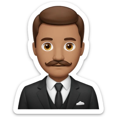 a male housekeeper in suit with a mustache sticker