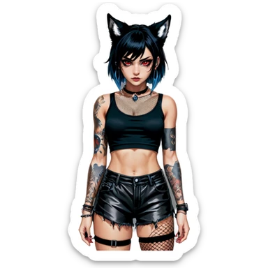 A black hair girl, ear rings on wolf ears, chain necklace, black tail, black Smokey eyes, fluffy tail, black wolf ears, black crop top with fishnets, black shorts with fishnets, dark-skinned female, left arm tattoo, left leg tattoo, short messy hair cut, bang between eyes, red eyes, big chest, heterochromia, blue eyes, animal ears, tail, sticker