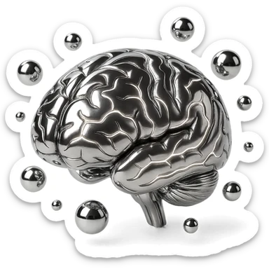 stylized chrome brain with glowing lines and floating chrome bubbles, symbolizing thought sticker