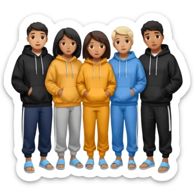 four mixed race friends all wearing oversized hoodies, sweatpants, and slides huddled together in a circle  sticker