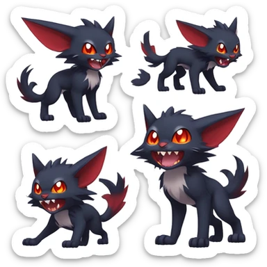   cool cute fantasy anime-style dark animal vampiric Litten-Zoroark-Nargacuga-cat-hybrid Fakemon with big fangs and bat-ears full body sticker