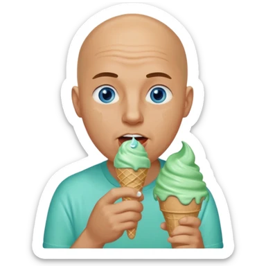 Bald man with blue eyes putting a mint ice cream cone in his mouth sticker