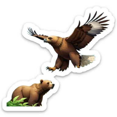 Collage of wild animals: a majestic bear in a lush green forest, a soaring eagle in the sky. A vibrant and detailed nature scene, capturing the beauty of wildlife. Transparent background. sticker