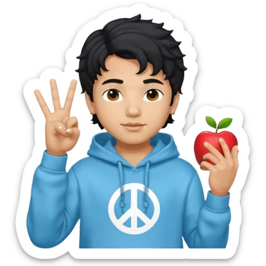 An indian boy in a light blue hoodie with wavy flow hairstyle showing peace sign, with black hair color, apple memoji style sticker