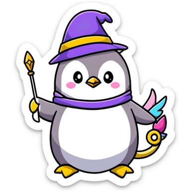 penguin wizard with a staff and hat surrounded by a small dragon, fairy, and unicorn sticker