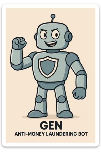 friendly robot named Gen designed as an anti-money laundering bot with a shield symbol and a determined expression representing the fight against terrorism and bad actors in a modern approachable style sticker
