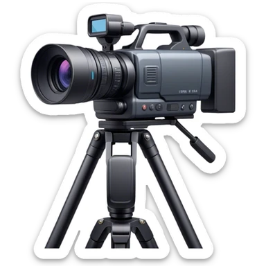 Create an emoji for video recording. Show a  single lens professional video camera with screen and image on it, on heavy tripod. Use modern, professional colors. Do not include any emojis or smiley faces. Make the background transparent. sticker