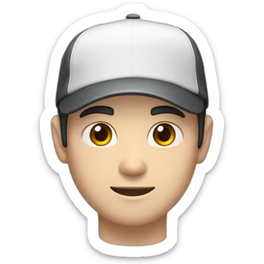 Pale skinned Man with black hair in a white cap and dark gray polo T-shirt with a box into his hands sticker