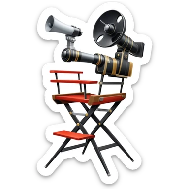 Icon for Directing: a director’s chair, a film camera, a megaphone, symbolizing the essence of film direction. The design should represent the creativity, leadership, and technical skill of directing in theater and cinema. Transparent background. sticker