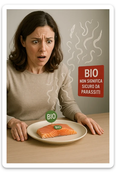 Donna tra i 30 e i 40 anni, seduta a tavola con espressione sorpresa e preoccupata mentre guarda un piatto elegante di salmone crudo etichettato 'BIO'. In trasparenza sopra il salmone si vedono parassiti intestinali stilizzati, come larve o vermi sottili, fluttuanti nell’aria. Accanto al piatto, una scritta fluttuante in stile etichetta rossa avverte: 'BIO non significa sicuro da parassiti'. Atmosfera visivamente pulita ma con tensione sottile, colori realistici con accento sul contrasto tra immagine 'salutare' e minaccia invisibile sticker