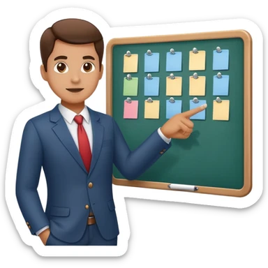 professional figure pointing at a task board or flowchart. The character wears business casual clothing sticker