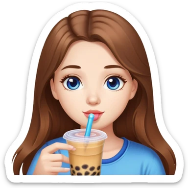 White girl with long brown hair and blue eyes drinking bubble tea sticker