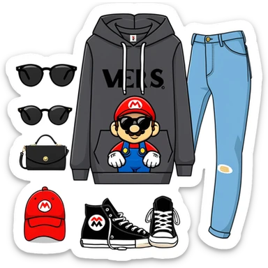chico vestido de negro con sudadera con logotipo de super Mario pantalón negro jeans Levi's tenis negro converse gafas ray-ban fotogray audífonos Sony sticker