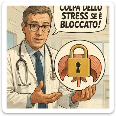 hyper realistic doctor holding a stylized diaphragm with a large padlock, explanatory expression, comic style with the phrase 'Colpa dello stress se è bloccato!', realistic details, bright clinical atmosphere sticker