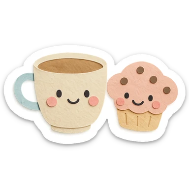 coffee cup with muffin character, blushing cheeks, soft pastel colors, transparent background sticker