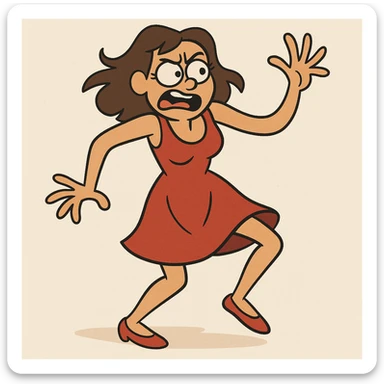 woman in a red dress dancing off-beat, playful, energetic, minimal background sticker