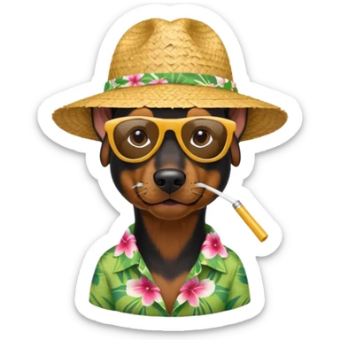 doberman with sunglasses and straw hat, hawaii shirt sticker