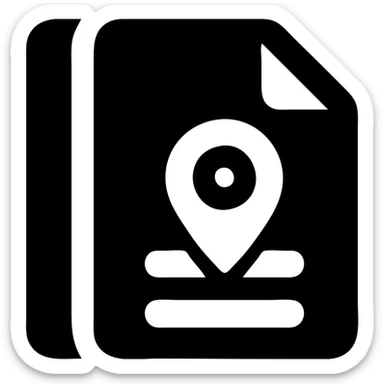 Solid filled icon style with black color and transparent background. Minimalist silhouette of a list sheet with rounded corners and solid fill. Add a geolocation pin icon overlay on the sheet. sticker