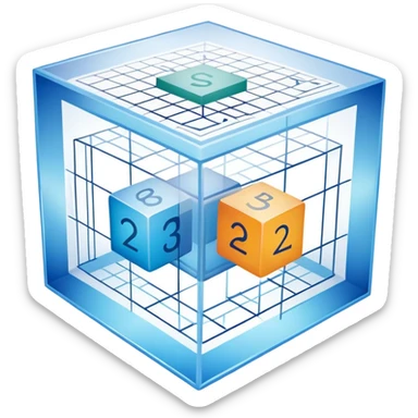 An icon featuring a transparent cube with geometric sections and mathematical calculations, symbolizing the study of mathematics. The design includes algebraic formulas, graphs, and mathematical symbols, representing advanced mathematical concepts and problem-solving. Transparent background sticker