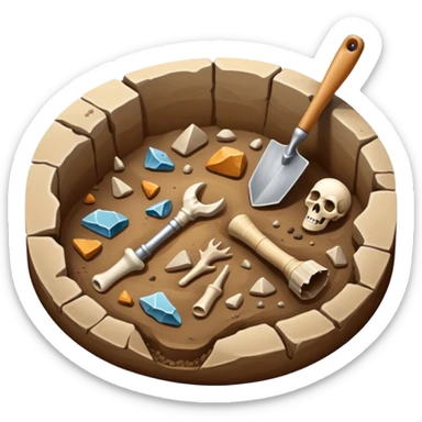 An icon featuring an excavation site with a trowel and ancient artifacts, like pottery and bones, scattered around. The design includes a partially uncovered fossil and a digging brush, symbolizing the discovery of history through archaeology. Transparent background  sticker