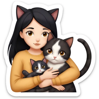 girl with black hair hugging three cats  (dark calico cat, gray cat, brown calico cat) sticker