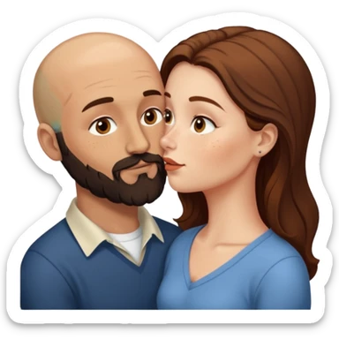 Couple. Bald man with dark brown-black beard. White woman with many small, faded freckles, she has white skin and she has auburn-brown-cinnamon, dark long hair. She has light brown eyes. The man have hazel eyes. Retro style. They kiss. sticker