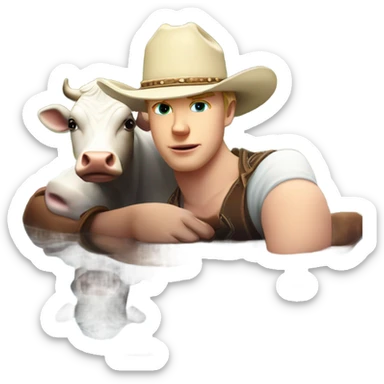 White boy withba cowboy had laying his head on top of a cow in a beautiful pond with sunset  sticker